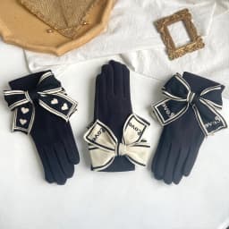 Korean Love Knitted Bow Cold Proof Full Finger Touch Screen Gloves For Women's Winter Plus Velvet Thicken Windproof Driving Warm