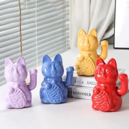 5.9 Inch Ceramic Lucky Cat Waving Arm Maneki Neko Beckoning Cat for Fortune Luck Wealth Prosperity Decoration Fengshui Ornament