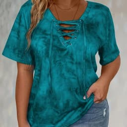 Plus size tie-dye printed short-sleeved T-shirt elegant lace-up hanging collar design top spring and summer casual style