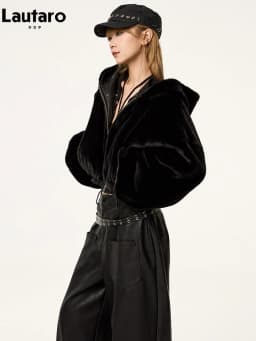 Lautaro Spring Autumn Cool Warm Thick Oversized Black Short Reversible Soft Pu Leather Jacket Hoodie Women with Faux Fur Inside