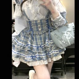 Japanese Mine Style Sweet Versatile Suspender Skirts Lace Splicing Flying Sleeve Bow Heart Button High Waist Plaid Skirt Women