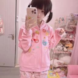 Sweet Pink Hooded Open Cardigan Short Jacket Reissue Home Cute Girl Spring Autumn New Style Korean Style Long Sleeve Zipper