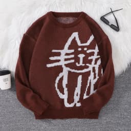Autumn and Winter Abstract Kitten Jacquard Pattern Pullover Sweater Casual Round Neck Knitted Men's Pullover