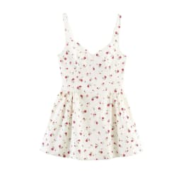 Sexy Beige With Red Floral Print V Collar Sling Mini Dress Women Backless Low Waist Ruched Swing Dresses Femme Vestidos Robe