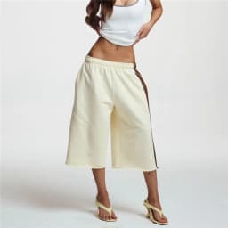 Women Side Stripes Raw Edge Wide Leg Capri Sweatpants Elastic Waist Loose Fit Baggy Cropped Casual Jogger Knee Length Trousers