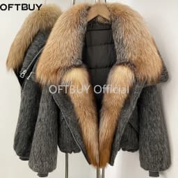 OFTBUY Luxury Real Fur Duck Down Clothes Overszie Women Wool Blend Down Jacket with Real Fox Fur Collar New Winter Warm Coat