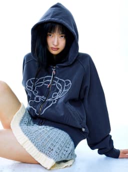 Unique SEI Cartoon Sle Zipper Hoodie Jaet Knitted Patchwork Color Blo Skirt Women's Loose Fit Long Sve Coat