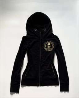 Y2K Goth Punk Zip Up Sweatshirt Embroider Skeleton Cross Bones Pattern Gold Lettering Hoodies Women Winter Streetwear Top Jacket