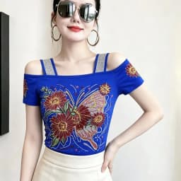 New Designer Hot Diamond Mesh T-Shirt Women Korean Style Sexy Off Shoulder Slim Tee Summer Casual Streetwear Tops