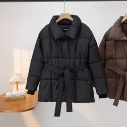 Advanced with Waist Cinching Tie Up Black Cotton Jacket Women's 2026 Winter New Korean Version Stand Collar Coat Female Parkas