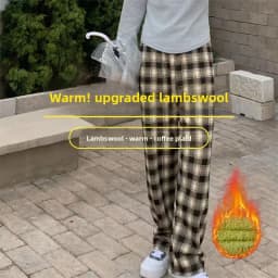 plus Size Plaid Pants Women's High Waist Straight Leg Fce Lined Casual Home Wear Polyester Fiber Elastic Band China Made