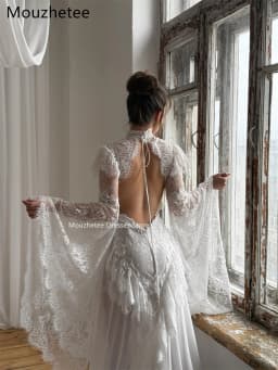 Mouzhetee A-Line Elegant Backless Lace Appliques Wedding Dresses Long Sleeve Brides Gown Custom Made 2026