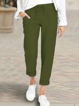 Plus-Size Solid-Color Drawstring High-Waisted Pocket Casual Pants—Casual Everyday Wear, Simple Elastic-Waist Pants