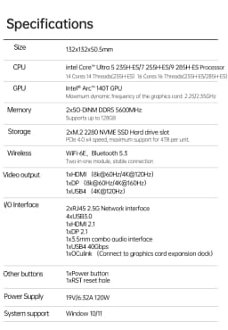 Intel Core Ultra 5 235H-ES/Ultra 7 255H-ES/Ultra 9 285H-ES Gaming Computer 2*DDR5 2*M.2 2280 SSD Win11 Wifi6E BT5.3 OCulink