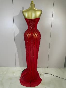 Sexy Red Strapless Mesh See Through Long Dress Evening Party Luxury Sparkly Diamond Birthday Nightclub PhotoShoot Stage Costumes