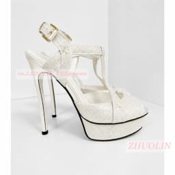 Women Peep Toe Platform Sandals Thin Stiletto Heel Gold Glitter T‑Strap Closure Ladies Wedding Party Evening High Heel Sandals