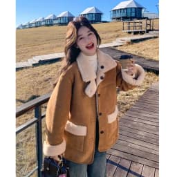 Women's Double-Sided Suede Lamb Fur Collar Jacket Autumn Winter Warm Soft Cotton Clothes Integrated Skin Fur Short Loose Fit