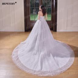 BEPEITHY Customizd Glitter V Neck Lace Wedding Dresses For Women Plus Size Ivory A-Line Bride Spaghetti Straps Bridal Gown 2026