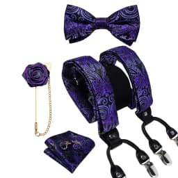 Luxury White Men's Suspenders Adjustable 6 Clips Braces DiBanGu Leather Metal Pre-Tied Bow Tie Brooch Pocket Square Set