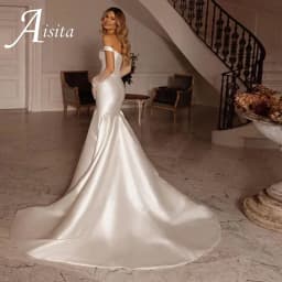 Satin A Line Elegant Women's Off Shoulder Backless Wedding Gowns Mermaid Princess Bridal Gown Customized Vestido De Noiva