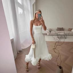 Women's Solid Color Spaghetti Strap Midi Dress Ruffled Hem Fitted A-Line Gown Elegant Party Dress For Dating & Evening Event