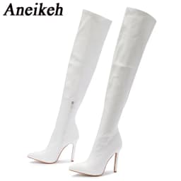 Aneikeh White Sexy Over-the-Knee Side Zipper Slip-On Pointed Toe Shoes NEW Fashion Striped Thin Heels Ladies Boots 2025 Spring