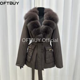 OFTBUY Real Fox Fur Collar Duck Down Jacket Women Mid-Length Puffer Jacket Luxury Slim Belted Waist Winter Warm Outerwear