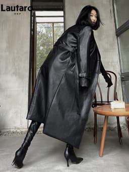 Lautaro Spring Autumn Long Black Soft Pu Leather Trench Coat for Women Belt Double Breasted Cool Handsome European Fashion 2022