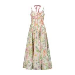 2026 Women's Boho Floral Print Halter Neck Maxi Dress Corset Bustier Pink Trim A-Line Flowy Summer Vacation Beach Dress