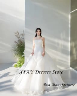 XPAY Princess Silk Organza A Line Wedding Dresses Photo shoot Strapless Beads Floor Length Bridal Gowns Korea Customized Corset