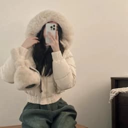 New Winter Warm Hooded Down Cotton Jacket Women Thickened Fleece Lining Big Fur Collar Long Sleeve Short Parkas Jacket Coat
