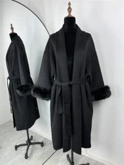 Retro Faux Fur Patchwork Woolen Maxi Coat Women Solid Full Sleeves V-neck Lace Up Loose Coats Lady Winter Commute Outwear New