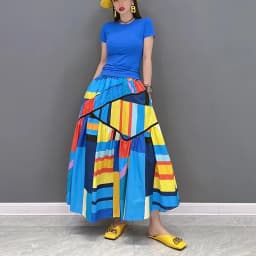Elastic Waist A-Line New 2023 Summer Korean Style Woman Long Blue Printed Skirt Pockets Loose Fit Casual Holiday Skirt JJSK031