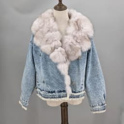Denim Coat with Real Large Fox Fur Collar for Women, Furry Jacket, Fluffy Suit, Luxurious Brown and Yellow Coat, Winter Fashion