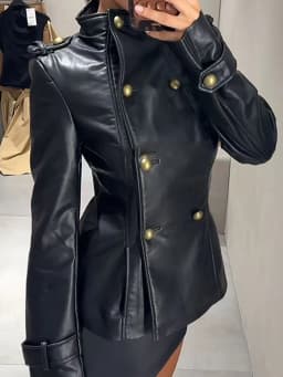 Women Stand Up Collar PU Jacket Chic Metal Buckle Faux Leather Black Jacket Leisure Double Breasted Long Sleeves Autumn Outfit
