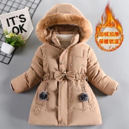 2024 New Winter Keep Warm Girls Jacket Waist Belt Design Detachable Hat Lining Plush Hooded Heavy Coat For Kids