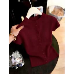 New 2026 Summer Stand-up Collar Short-sleeved Women's Knitted Cardigan Top Casual Single-breasted Solid Color Ladies T-shirt