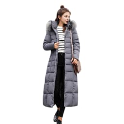 Winter Women Long Parkas Solid Colo Neck Hooded Cotton Jacket Pockets Windproof Zipper Closure Padded Outwear