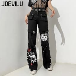 Y2K Metal Button High Waisted Straight Leg Jeans Drop Crotch Print Streetwear Pants Hip Hop Cargo Denim Trousers for Women