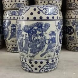White Porcelain and Drawn Blue Shoe Hand Changing Stool Ceramic Drum Bathroom Neoclassical Imitation Sitting Stool Low Round