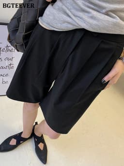 BGTEEVER Casual High Waist Double Button Solid Straight Shorts Women Spring Summer Fashion Ladies Wide Leg Suits Shorts