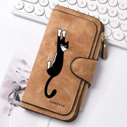 Featuring a cat motif this women's long wallet offers multiple card slots a coin pocket and a cell phone pouch A perfect gift