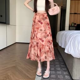 High Waist A-Line Floral Print Chiffon Halter Neck Dress Women's Summer New Style Belted Wrap Skirt Casual Polyester Fiber