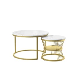 Rosahqnda Marble Look Coffee Table,Round Gold/Black Frame,Set of 2,Modern Living Room Stackable Table,Side Table for Living Room
