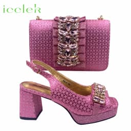 2026 Elegant Women's Peep Toe Heels and Matching Fuchsia Color Diamond Pumps Set Stylish Italian Shoes and Bags for Parties