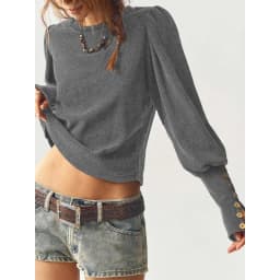 Women Autumn Winter Waffle Knit Sweatshirt Solid Long Sleeve Button Cuff Cropped Top Vintage Loose Casual Warm Pullover Blouse