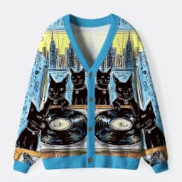 Magic Forest Cat Pattern Long Sleeved Cardigan Sweater for Women And Men Casual Comfortable Knitted Outerwear