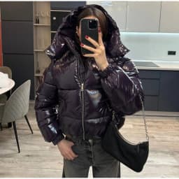 Women's Glossy Shiny Hooded Zip Cropped Puffer Jacket Oversized Loose Fit Long Sleeve Elastic Cuff Padded Warm Casual Winter Top