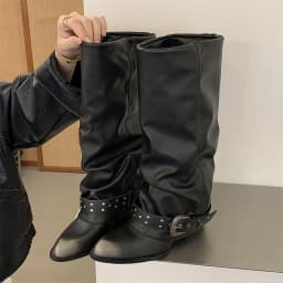Punk-Style Belt Buckle Mid-Calf Boots for Women Square Heel Motorcycle Boots Pu Leather Pleated Boots Street Retro Riding Boots