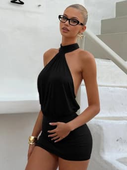 Hugcitar Fashion Halter Solid Sleeveless Backless Bandage Ruched Sexy Slim Mini Dress Summer Clothes Party Vacation Club